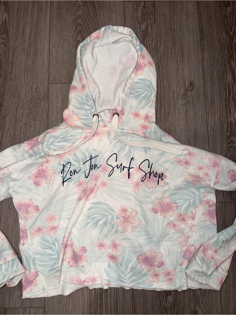 Ron Jon Surf Shop White Floral Cropped Hoodie with Pink & Light Blue Print